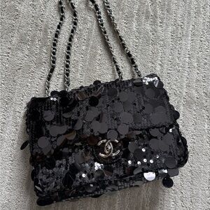 Black Sequin shoulder flap bag purse NEW